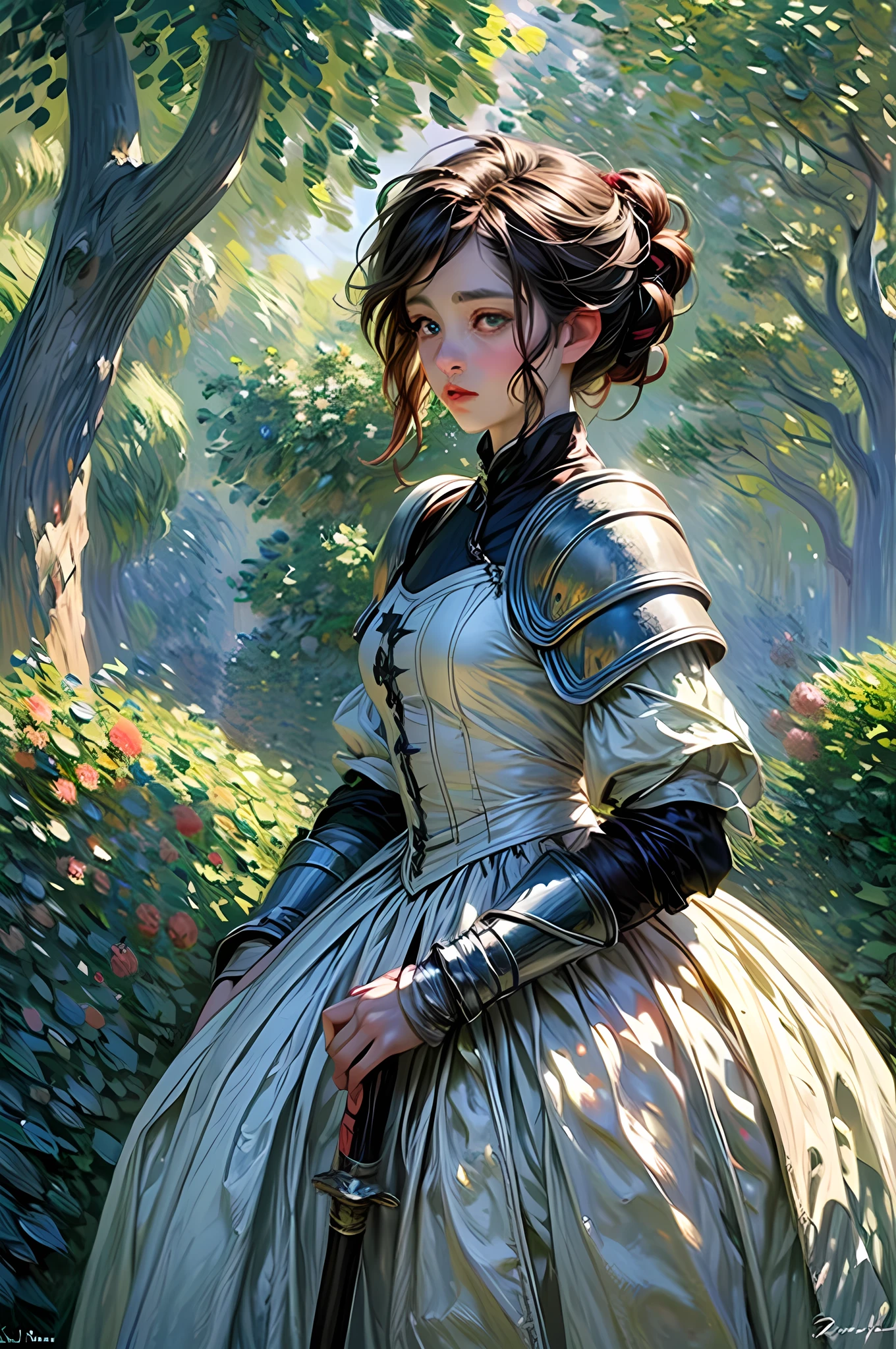 (Claude Monet Style:1.5) Claude_Monet, a picture of woman paladin of nature protecting the forest, a woman knight, black hair, long hair, full body (best details, Masterpiece, best quality :1.5), ultra detailed face (best details, Masterpiece, best quality :1.5), ultra feminine (best details, Masterpiece, best quality :1.5), black hair, long hair, braided hair, pale skin, (deep blue: 1.2) eyes, intense eyes, wearying heavy armor, white armor (best details, Masterpiece, best quality :1.5), green cloak, armed with a sword, glowing sword GlowingRunes_green, fantasy forest background, D&D art, RPG art, magical atmosphere magic-fantasy-forest, ultra best realistic, best details, best quality, 16k, [ultra detailed], masterpiece, best quality, (extremely detailed), ultra wide shot, photorealism, depth of field, hyper realistic painting, wearing MHmix