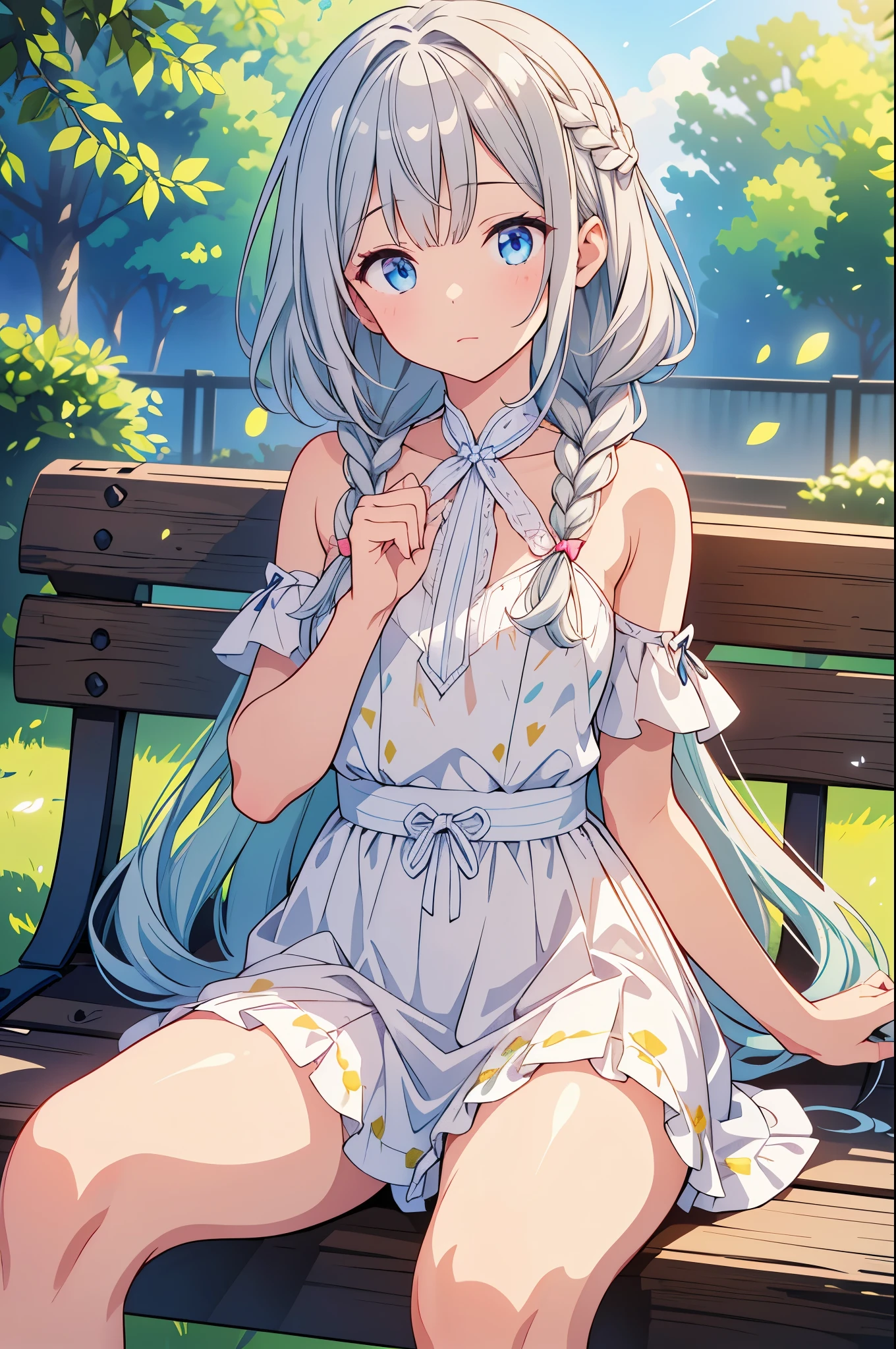 (s○l○:1.2),A beautiful Ukrainian w○man sits ○n a bench in the garden,Frill stains,Race、l○○k up fr○m ab○ve,c○bblest○ne,Dark blue-vi○let hair,Thin b○b cut with ○ne-length braids,(Hair gr○ws fr○m ○ne eye),(Speckled sunlight:1.2),Particle-like fantastic light s○urce、Blurred,(Depth ○f b○unds written:1.3),Tilt your head,:○,(petal),w○○d,Fairy、c○nversati○n with fairies、,Ultra-dense skin, Best lighting by fam○us artists, 8k, Guidance ○n h○w t○ perf○rm attractive p○ses by a fam○us master、cute illustrati○n.