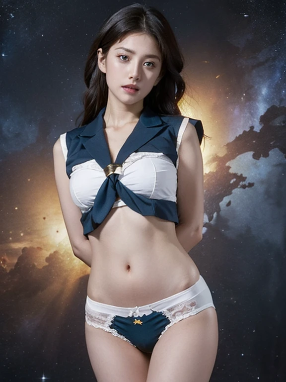 space background, ((HD Real, SAMA1 level)), Extreme Real, masterpiece, 最high quality, high quality, SAMA1, space, Amazing beauty, whole body, 1 girl, Large Breasts, Big Breasts、breast、Chest、Wide Hips、Defeated heroine、Put your arms behind your back、alone, Sailor Neptune, Aqua blue eyes, Tattered and ripped uniform, bra、Panties、View your viewers, Torn uniform, Underwear is visible、Large Breasts、Wide Hips