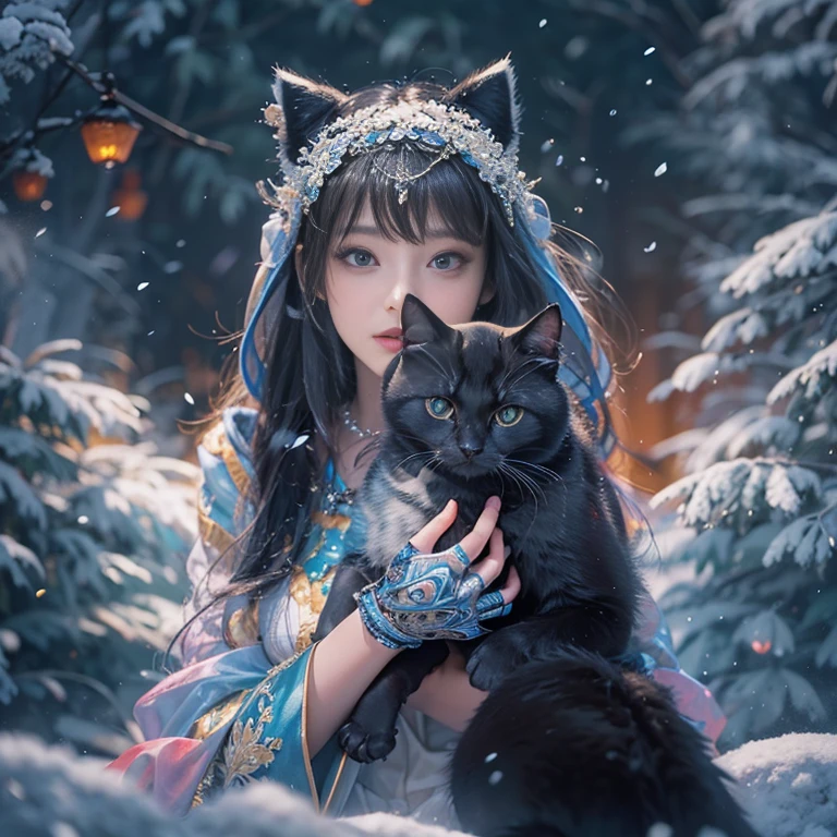 Shiny winter ornaments),High resolution,Sharp focus,(Very detailed,Very detailed),(Realistic artwork:1.37),(Very detailed CG unity 8k wallpaper),(((Vibrant colors,Vibrant Themes))),(Complex),(masterpiece),(highest quality),Artistic photography,(photo shoot：sldr),(Complex background),perfectly rendered face,Perfect facial details,Realistic Face,Realistic,Analog Style,((Complex detail)),(((realism))), Holding a pet, Black cat, Cat and girl
