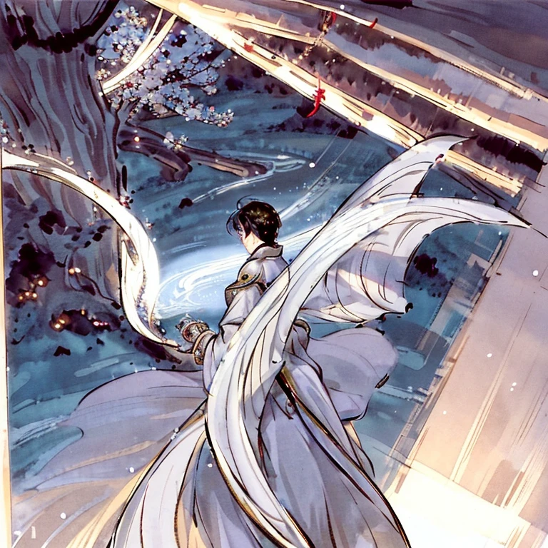 (best quality)On the observatory,Young man in ancient costume,White clothes fluttering,Wearing a Yin-Yang Taoist robe,Looking towards the palace,Put your hands behind your back,4K,The sky and the magic circle,Flock of birds flying,Real special effects