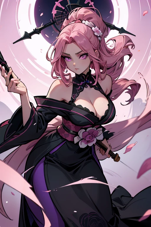 A pink haired woman with violet eyes with an hourglass figure in a conservative traditional kimono is spinning her scythe in a flurry of peony petals