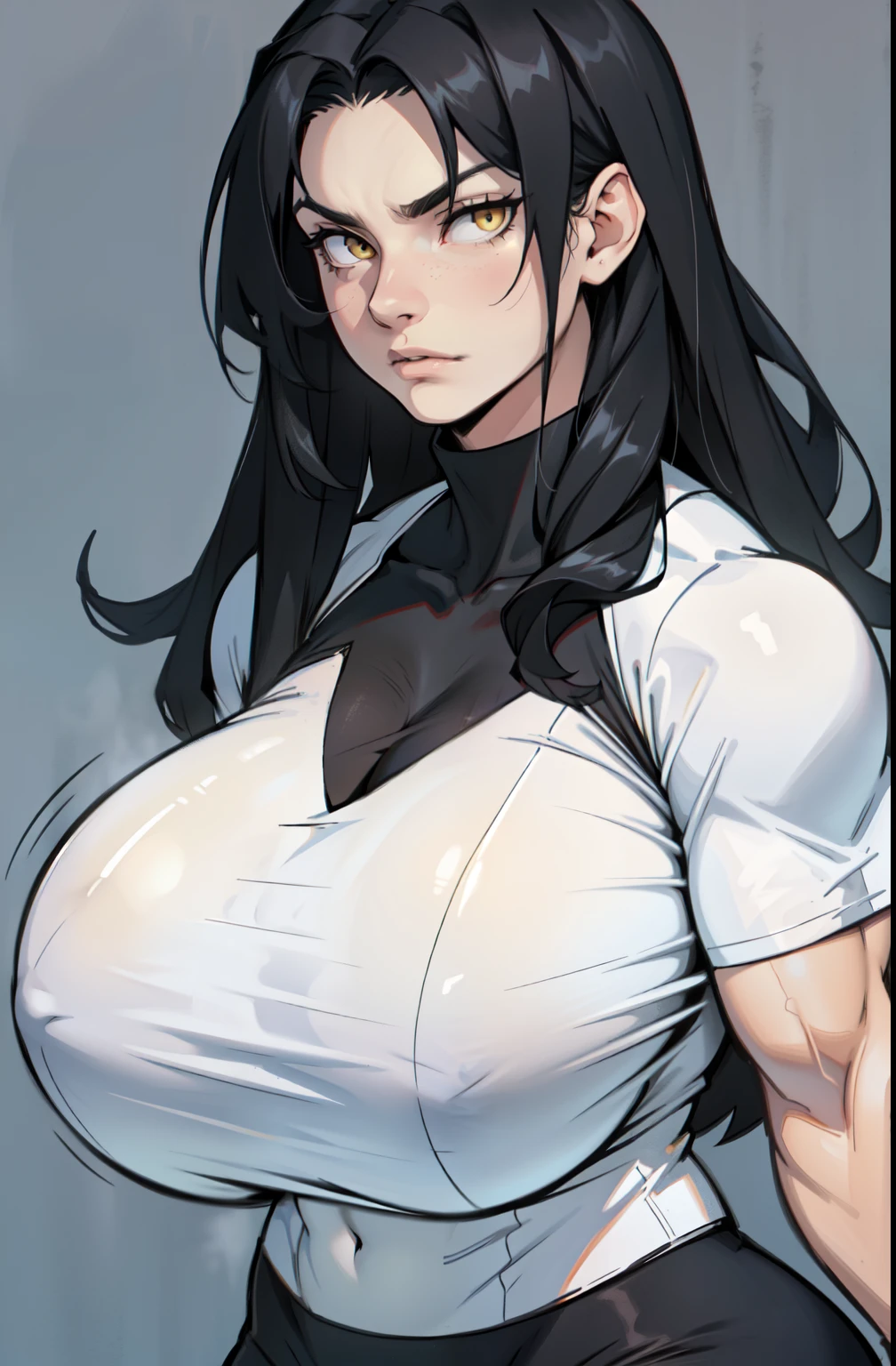 ((1 girl)), extremely long hair, solo, ((muscular)), veins, black hair, yellow eyes, pale skin, strong, veins, abs, (((huge breasts))), sulking tight shirt, ((((huge breasts))) (((huge breasts))) (((huge breasts))) (((huge breasts))) (((huge breasts)))