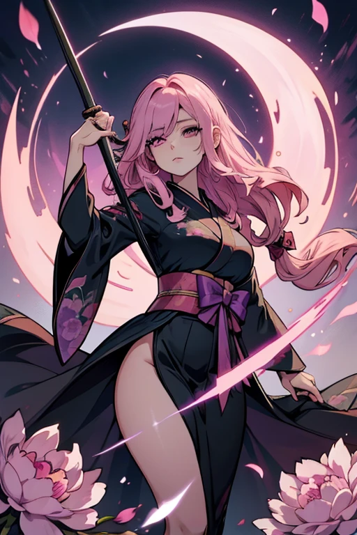 A pink haired woman with violet eyes with an hourglass figure in a conservative traditional kimono is spinning her scythe in a flurry of peony petals