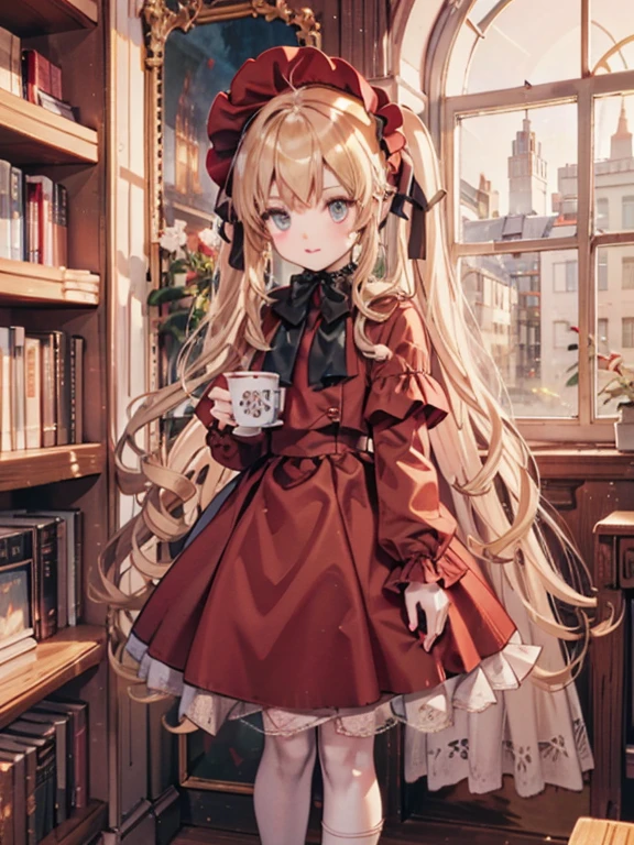 masterpiece, highest quality, Very detailed, 16k, Ultra-high resolution, Cowboy Shot, One ***************, Detailed face, Perfect Fingers, Golden Eyes, Blonde,  Original Costume, Twin tails, bonnet、Red dress、White pantyhose cup、Black shoes, Western-style building, libraryai