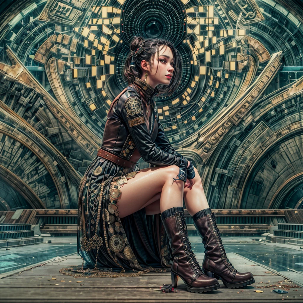 Candid capture ((((Adorable, attractive, attractive, woman)))),(((goddess, soul))),(Top Buns),((food, leggings, Layered skirt, Cowl, Pouch)),((boots, gloves, blade)), (((Fuzzy logic, Psychiatry, mysticism, Urban Gothic, Psychonaut, SF, Hi-fi, Abstracted, Quasi-organic, Sacred geometry, Biomechanics, alchemy, Isoscale))), (((The most beautiful images that exist))), 3D, 2.5D, Mid Real, (masterpiece), (masterpiece), ((highest quality)), ((highest quality)), ((highest quality)), ((High fidelity)), ((最High resolution)), ((High resolution)), ((Super detailed)), (((Detail enhancement))), ((Very detailed)), Unity 8K, Unreal 8K, Octane Rendering, Awe-inspiring, Breathtakingly beautiful, High resolution, 超High resolution, High resolution, Full HD, Prudent, Complex, Intimate, nicety, Awards, (((The most beautiful works of art))), Caustics, Film Grain, Radio City, Photon Mapping, Ray Tracing