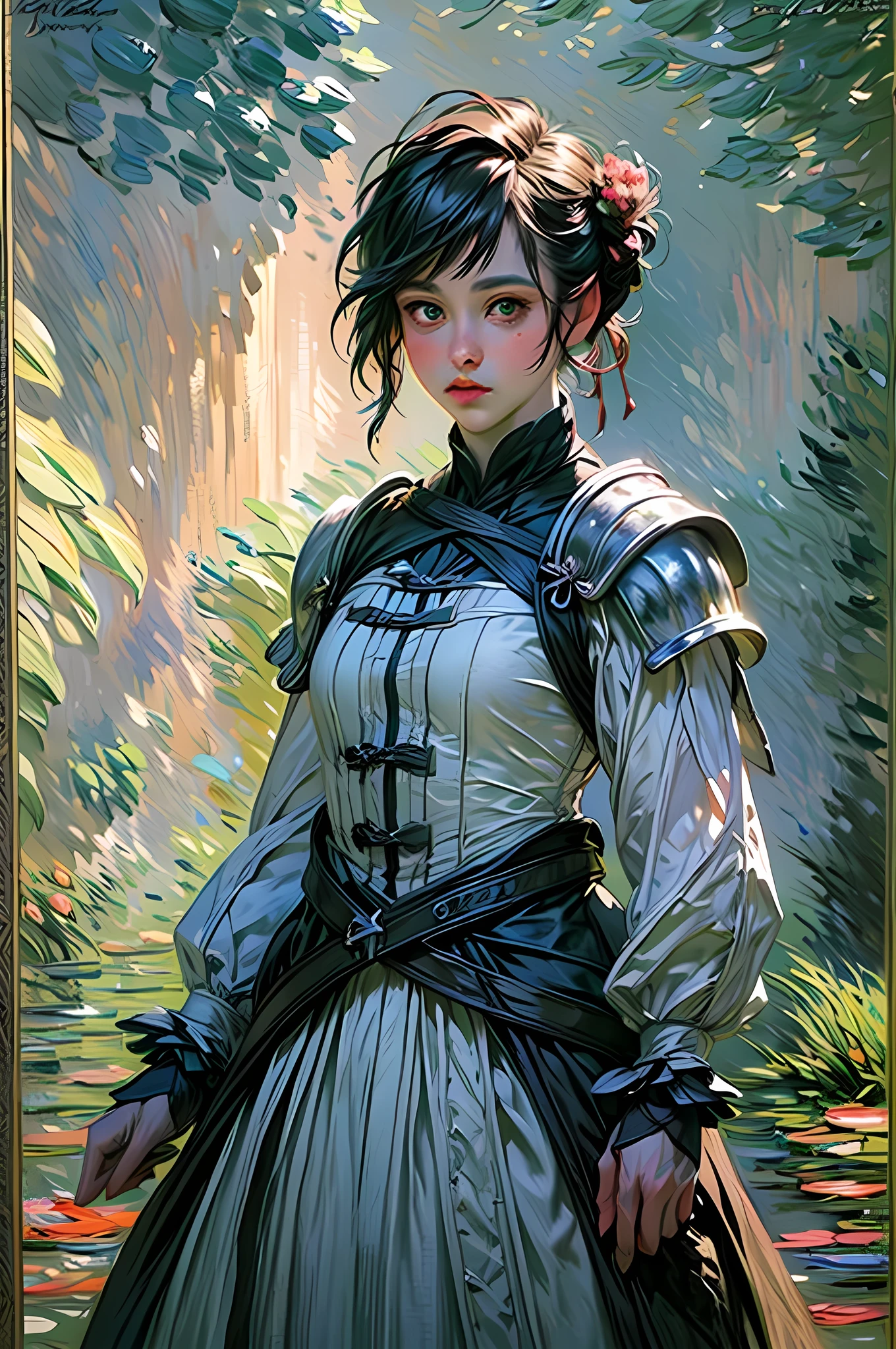 (Claude Monet Style:1.5) Claude_Monet, a picture of woman paladin of nature protecting the forest, a woman knight, black hair, long hair, full body (best details, Masterpiece, best quality :1.5), ultra detailed face (best details, Masterpiece, best quality :1.5), ultra feminine (best details, Masterpiece, best quality :1.5), black hair, long hair, braided hair, pale skin, (deep blue: 1.2) eyes, intense eyes, wearying heavy armor, white armor (best details, Masterpiece, best quality :1.5), green cloak, armed with a sword, glowing sword GlowingRunes_green, fantasy forest background, D&D art, RPG art, magical atmosphere magic-fantasy-forest, ultra best realistic, best details, best quality, 16k, [ultra detailed], masterpiece, best quality, (extremely detailed), ultra wide shot, photorealism, depth of field, hyper realistic painting, wearing MHmix, fantasysword sword