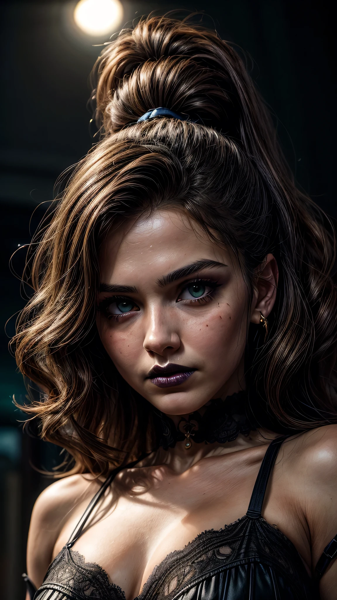((best quality: 1.5)) ((masterpiece)), intricate details, soft focus, professional, real life, realistic representation of the face, dim volumetric lighting, dynamic pose, in the style of realistic and hyper detailed renderings BREAK ((((blackout gothic eye makeup, (((detailed teen girl, portrait, cheekbones)), gaunt), black lips, pointed chin, angry, from below:1.2), clear green eyes, short curly [blonde hair:bright ginger hair:0.3], Victorian green chinoiserie gold dress, high collar, film grain, bokeh, black background, dark empty room, golden hour), emerald, nose piercing, determined expression), freckles:0.8), photorealistic, hyper-realistic, 8K
