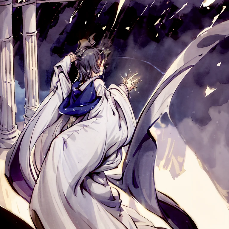 (best quality)On the observatory,Young man in ancient costume,White clothes fluttering,Wearing a Yin-Yang Taoist robe,Looking towards the palace,Put your hands behind your back,4K,The sky and the magic circle,Flock of birds flying,Real special effects
