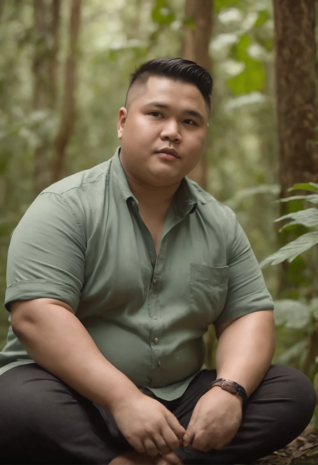 A indonesian Chubby man, crew cut hair, shirt with legs entangled in the middle of the forest、Sitting with hands on a jaguar