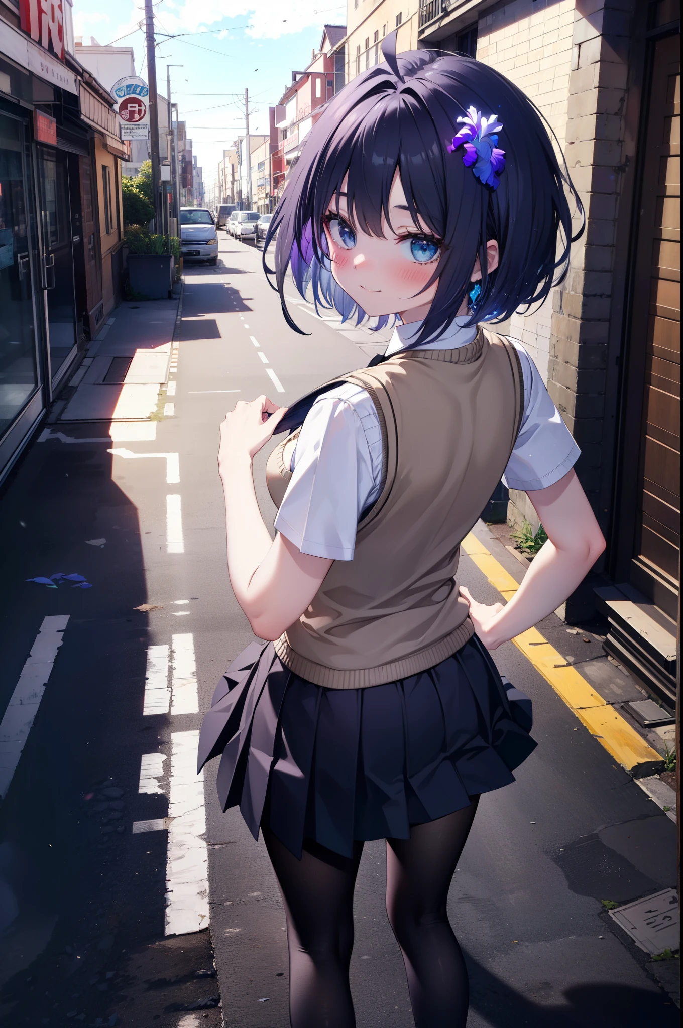 yuukikonno, Yuki Konno,Black Hair,short hair,Bob Hair ,Ahoge,Green headband,(iris:1.5), (Small breasts:1.2), smile,break skirt, shirt, bow, ribbon, , white shirt, Short sleeve, Pleated skirt, collared shirt, mini skirt, bowtie, 茶色のloafers , Black Skirt, Black Pantyhose, loafers, black bow, Sweater vest, (back Sweater vest:1.5),whole bodyがイラストに入るように,walk,
break outdoors, city,construction area,
break looking at viewer, whole body,
break (masterpiece:1.2), highest quality, High resolution, unity 8k wallpaper, (shape:0.8), (Beautiful details:1.6), Highly detailed face, Perfect lighting, Extremely detailed CG, (Perfect hands, Perfect Anatomy),