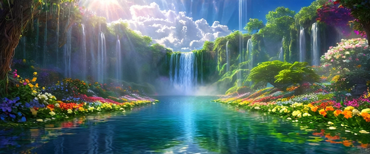baptism,Baptism,Garden of Eden,Colorful,Dreamy landscape, cloud, light piercing through the cloud, Reflection on the surface of the water, Gentle waterfall,flower々, flower ,Quiet atmosphere, Richness in details, Surreal beauty, Magical Aura, Fantasy Landscape, High quality digital art, Vibrant colors, Fantastic lighting, Enchanting atmosphere, Artistic Expression, Otherworldly feeling, Beautiful brushwork, Magnificent View, Peaceful tranquility, Immersive Experience, Breathtaking views, Picturesque views, Mysterious charm, Mysterious atmosphere, Nuances, A magical dream. There are no people, Nobody is here