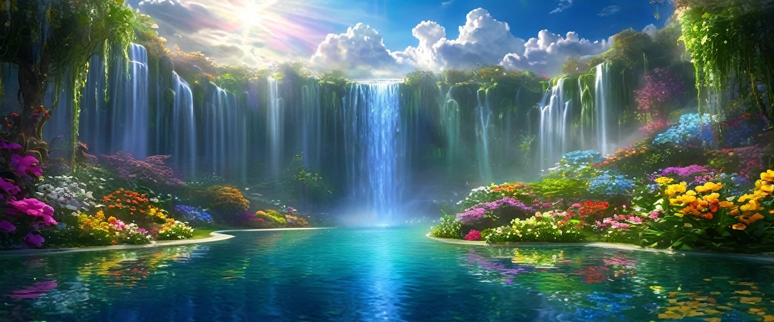 baptism,Baptism,Garden of Eden,Colorful,Dreamy landscape, cloud, light piercing through the cloud, Reflection on the surface of the water, Gentle waterfall,flower々, flower ,Quiet atmosphere, Richness in details, Surreal beauty, Magical Aura, Fantasy Landscape, High quality digital art, Vibrant colors, Fantastic lighting, Enchanting atmosphere, Artistic Expression, Otherworldly feeling, Beautiful brushwork, Magnificent View, Peaceful tranquility, Immersive Experience, Breathtaking views, Picturesque views, Mysterious charm, Mysterious atmosphere, Nuances, A magical dream. There are no people, Nobody is here
