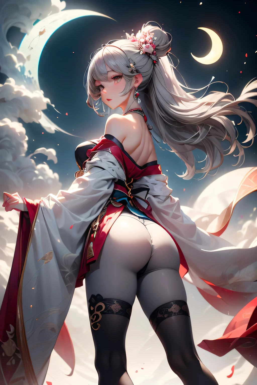 super high quality, masterpiece, Perfect illustration, Very detailed (Exquisite light and shadow, Very dramatic photo,Backlight) , ((Gray Hair:1.5))1 girl, alone, (Wearing Han clothes, Royalty、Black and white Hanfu,Thick fabric,Long sleeve) Flower Field, Flowers, (White smoke、Crescent Moon:1.3) (Realistic), Zen Intertwining, Tangled, Official Art, unity 8k wallpaper, Very detailed, Beautiful and beautiful, masterpiece, highest quality, (Dynamic Angle: 1.4), Glowing Skin, (Floating colorful flashes: 1) The most beautiful chaotic shapes, elegant, Brutalist Design, Bright colors, Romantic Depth of Field Exotic_dance, half_naked、((Off the shoulder、Medium chest、ruby necklace))(from behind:1.4,Buttocks slightly exposed、Legs wrapped in tights)