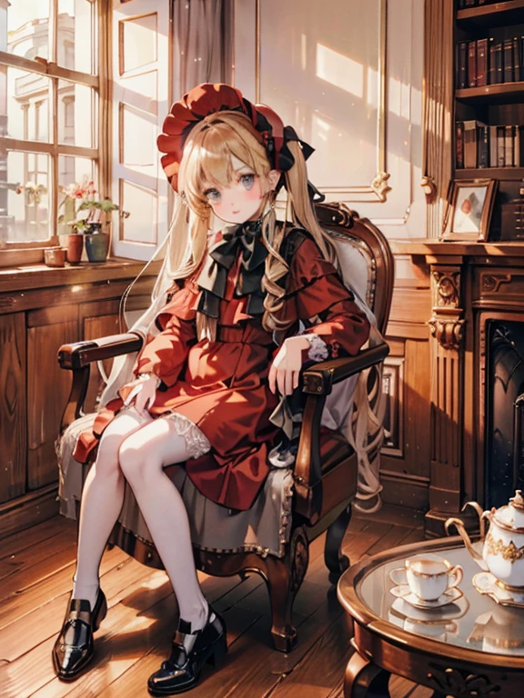 masterpiece, highest quality, Very detailed, 16k, Ultra-high resolution, Cowboy Shot, One ***************, Detailed face, Perfect Fingers, Golden Eyes, Blonde,  Original Costume, Twin tails, bonnet、Red dress、White pantyhose cup、Black shoes, Western-style building, libraryai, Sit in a luxurious chair, Drinking tea