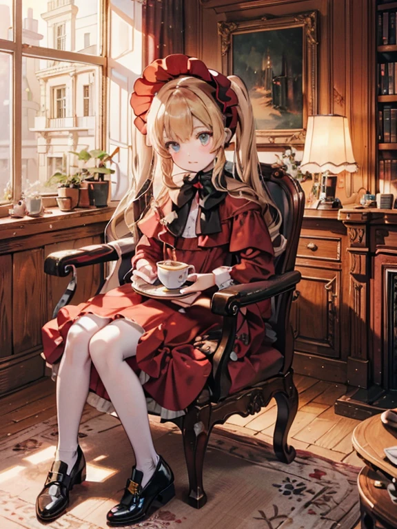 masterpiece, highest quality, Very detailed, 16k, Ultra-high resolution, Cowboy Shot, One ***************, Detailed face, Perfect Fingers, Golden Eyes, Blonde,  Original Costume, Twin tails, bonnet、Red dress、White pantyhose cup、Black shoes, Western-style building, libraryai, Sit in a luxurious chair, Drinking tea