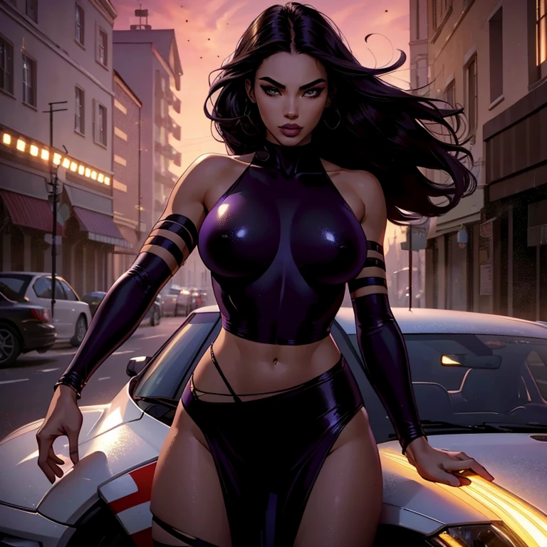 (high quality,realistic:1.2),full body shot,black hair, beautiful 25 years old girl, detailed eyes, luscious lips,sensual gaze,luxurious texture,shimmering highlights,soft shadows,subtle smile,impeccable makeup,perfect skin tone,varied purple hues,mesmerizing presence,extraordinary attention to detail,immaculate shading,flawless complexion,expressive eyebrows,long eyelashes,graceful pose,stylish and confident demeanor, striking ,professional photography,rich color palette,subdued lighting,subtle bokeh effects,glowing complexion,meticulously crafted features,exquisite realism,artistic sophistication. mid distance, battle pose, war scene explosions, purple lasers, battle face expression, big breast, rounfd hips, small waist, fit body, light muscolar, perfect eyes, no nude