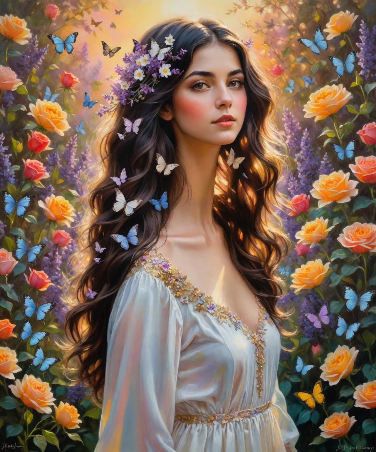 A girl with beautiful long hair, standing in a vibrant garden surrounded by blooming flowers, under a golden sunset. Her eyes reflect the warm colors of the sunset, with intricate details that capture the viewer's attention. Her lips are delicately painted, adding a touch of elegance to her face. She exudes a confident and serene expression, radiating a sense of peace and beauty. She is dressed in a flowing white gown that gently moves with the breeze, giving her an ethereal and graceful appearance.
The garden is filled with a variety of flowers in full bloom, creating a colorful and visually stunning scene. The flowers include roses, daisies, tulips, and lavender, each with vivid and vibrant colors. The petals are delicately captured, showcasing their texture and beauty. Butterflies flutter around the girl, adding a sense of enchantment and whimsy to the painting.
The overall image quality is of the highest standards, with ultra-detailed and sharp focus. Every intricate detail of the girl, flowers, and butterflies is captured to perfection. The colors are vivid and rich, enhancing the natural beauty of the scene. The lighting is soft and warm, creating a magical ambience that envelops the girl and the garden.
This artwork is created using a multiple exposure photography technique, combining multiple images to create a unique and artistic effect. The result is a visual masterpiece that showcases the beauty of nature and the human form. The style of this artwork is inspired by Katie Melua's music, evoking emotions of nostalgia, serenity, and wonder. The realistic vision and hyperrealism techniques are employed, adding depth and dimension to the painting. The use of ray tracing technology further enhances the realism, creating lifelike reflections and shadows.
The overall tone of the painting is warm and inviting, with a soft and dreamy atmosphere. It exudes a sense of tranquility and harmony, inviting the viewer to immerse themselves in the beauty of the scene.