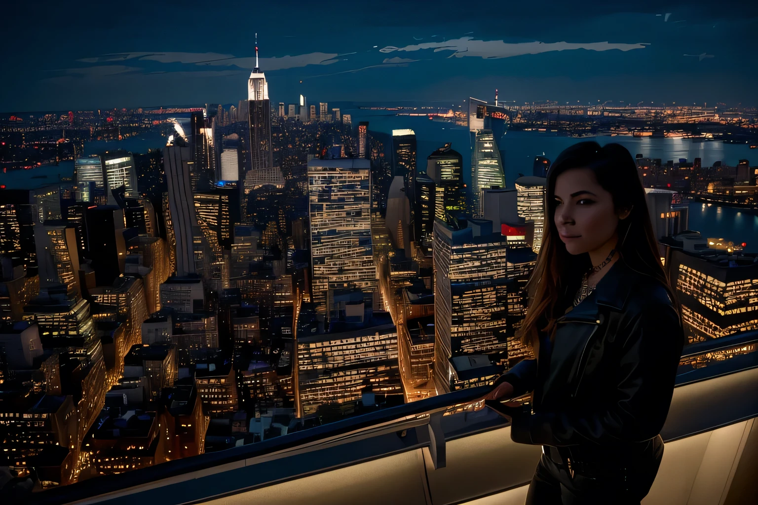 ((best quality)), ((masterpiece)), ((inked)),Award-winning photography: Portrait of a beautiful woman in an ultra-high-resolution image, overlooking the vibrant cityscape of New York City at dusk. (Cinematic lighting, ambient lighting) 