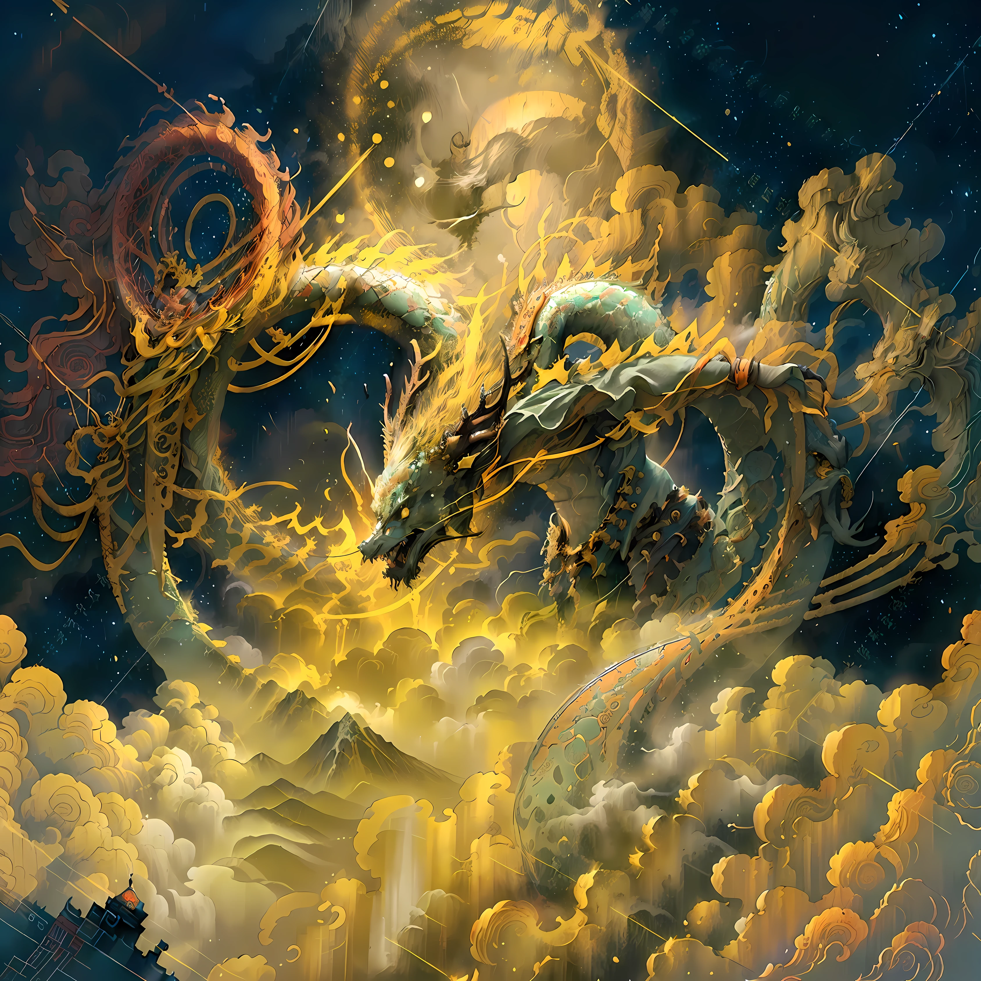 (Ying Dragon God),(Through the clouds),(Top of the mountains),(intrikate),(super detailing),(starryskybackground),(Strong limboon Night),(ultraclear),(best quailty)v6。