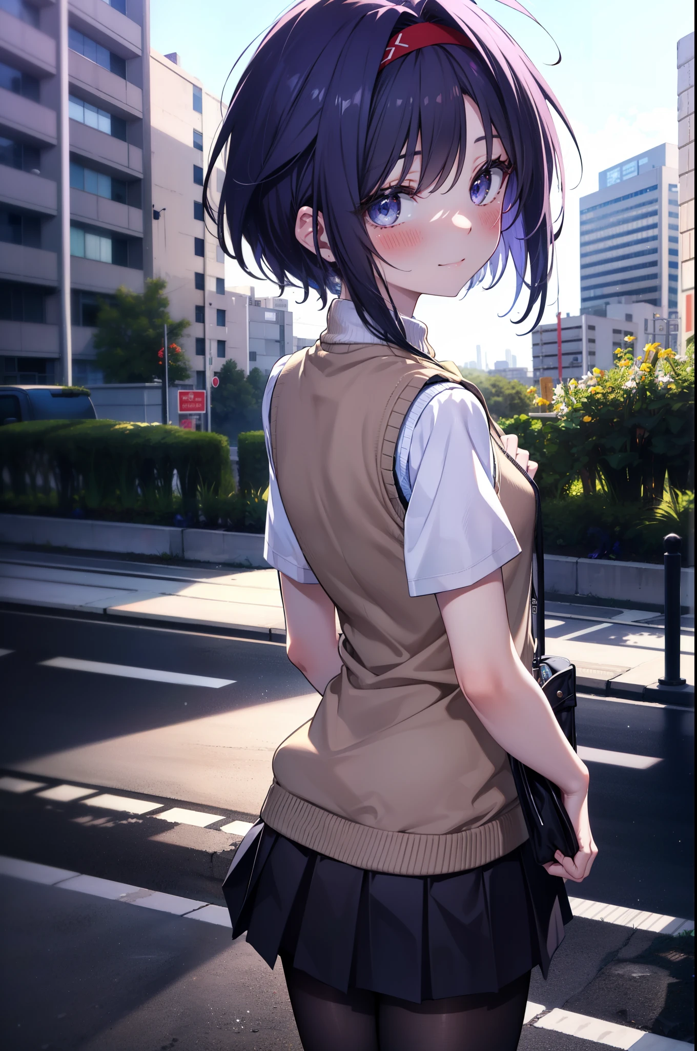 yuukikonno, Yuki Konno,Black Hair,short hair,Bob Hair ,Green headband,(iris:1.5), (Small breasts:1.2), smile,break skirt, shirt, bow, ribbon, , white shirt, Short sleeve, Pleated skirt, collared shirt, mini skirt, bowtie, 茶色のloafers , Black Skirt, Black Pantyhose, loafers, black bow, Sweater vest, (back Sweater vest:1.5),whole bodyがイラストに入るように,walk,
break outdoors,  city,construction area,
break looking at viewer, whole body,
break (masterpiece:1.2), highest quality, High resolution, unity 8k wallpaper, (shape:0.8), (Beautiful details:1.6), Highly detailed face, Perfect lighting, Extremely detailed CG, (Perfect hands, Perfect Anatomy),