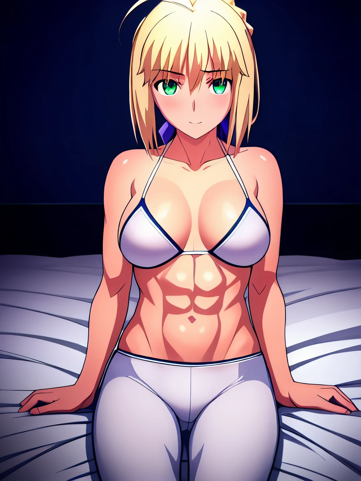 Best_quality, masterpiece, highres, detailed, detailed_background, ray_tracing_graphic, solo, adult_female, {saber_fatestaynightufotable:1.15}, blonde_hair, little_ahoge, detailed_green_eyes, blue_ribbon, 1girl, anime_coloring, detailed_face, happy_face, five_fingers, blush, large_breasts, white_bikini, blue_strips, pants, from_the_top, lying, bed, dark_room, night_time, looking_at_viewer, oily_skin, detailed_skin, detailed_texture, sixpack_abs