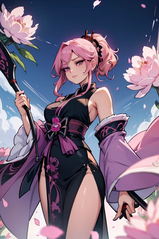 A pink haired woman with violet eyes with an hourglass figure in a conservative traditional kimono is spinning her scythe in a flurry of peony petals