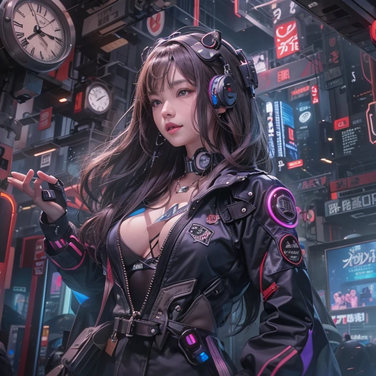 Ride in a time machine 、Hair flow、 ((highest quality、masterpiece、8k、Best image quality、Ultra-high resolution、Award-winning works)、(Accurate anatomy:1.1)、(Look at me and smile:1.1)、Shining fair skin with Ultra-high resolution、The most detailed face、Ultra-high resolution detailed face、Ultra-high resolutionの髪の毛、(Ultra-high resolutionの煌めく瞳:1.1)、Beautiful face drawn in every detail、Cyberpunk Clothing, Chest to chest, Big floating clock