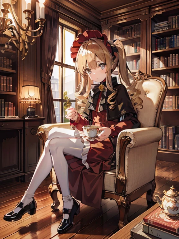 masterpiece, highest quality, Very detailed, 16k, Ultra-high resolution, Cowboy Shot, One 8--old l, Detailed face, Perfect Fingers, Golden Eyes, Blonde,  Original Costume, Twin tails, bonnet、Red dress、White pantyhose cup、Black shoes, Western-style building, libraryai, Sit in a luxurious chair, Drinking tea