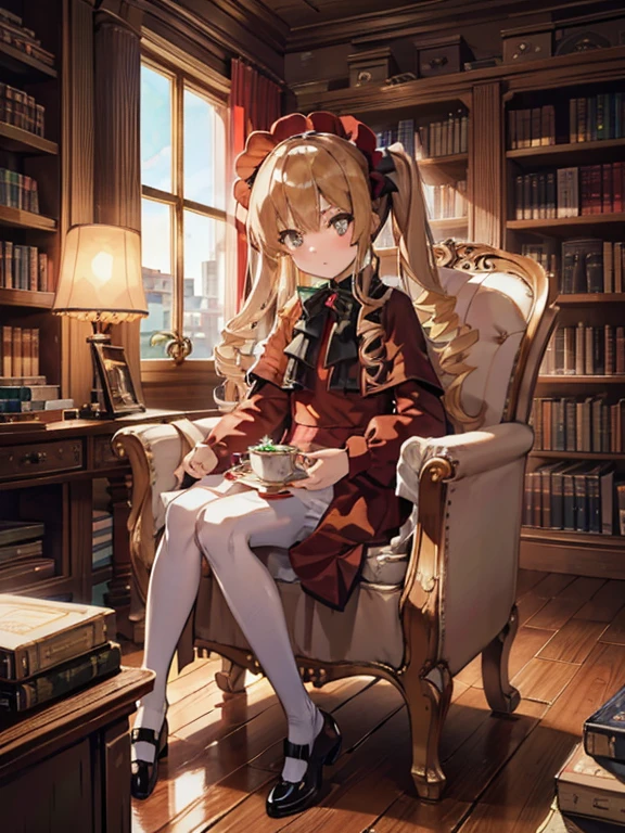 masterpiece, highest quality, Very detailed, 16k, Ultra-high resolution, Cowboy Shot, One ***************, Detailed face, Perfect Fingers, Golden Eyes, Blonde,  Original Costume, Twin tails, bonnet、Red dress、White pantyhose cup、Black shoes, Western-style building, libraryai, Sit in a luxurious chair, Drinking tea