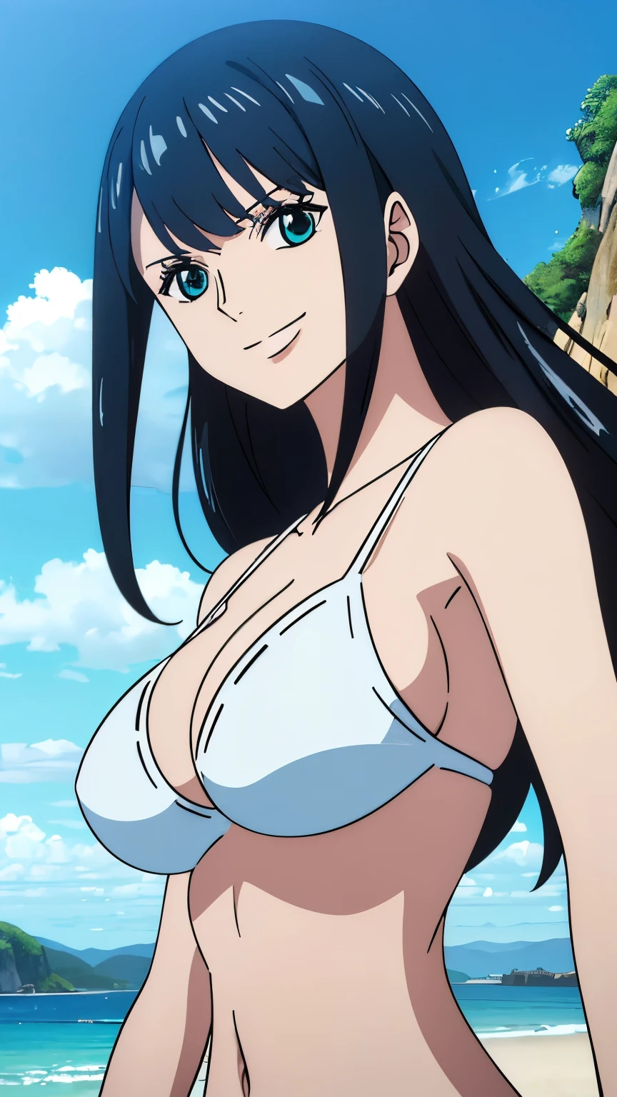 (Best quality, 8k, high resolution, masterpiece:1.2), Ultra detailed, Anime art style, Fine details, Dynamic angles, Black Hair, Big breasts,Beautiful character design, Perfect eyes, Perfect face, Expressive eyes, Perfect balance, (White swimsuit, bikini, Beach, Smiling), Looking at viewer, In the center of the image, Cowboy shot,