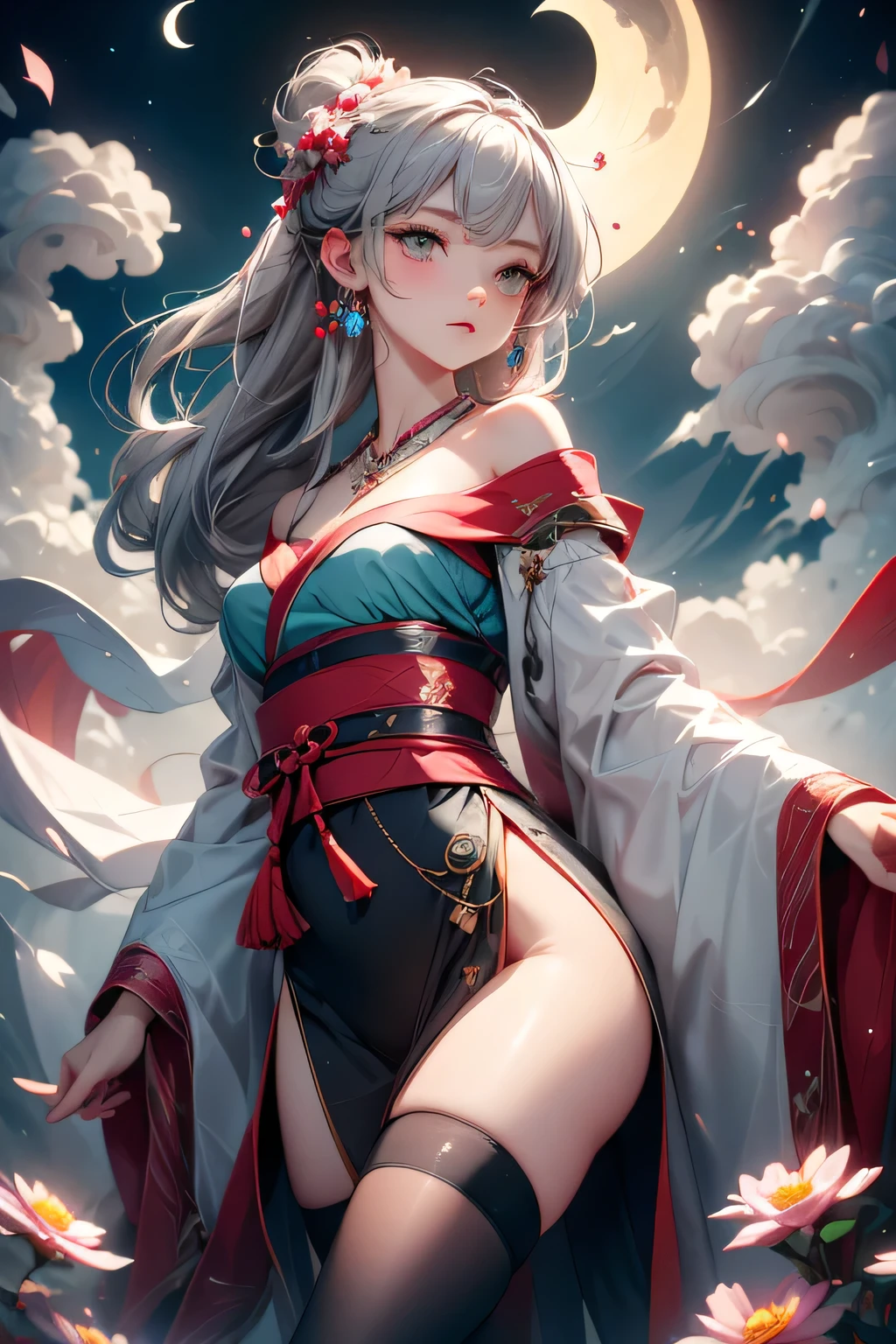 (Full body posing:1.5), (colorful:1.2), (extremely detailed CG unity 16k wallpaper:1.1), (Denoising strength: 1.45), (tmasterpiece:1.37), ((official art)), (extremely detailed CG unity 8k wallpaper), ((highly detailed)), traditional chinese painting, ((Chinese wind)), ((a girl)), (single), staring, fairy, hair ornament, earrings, jewelry, (very long hair), (messy_hair), bare shoulders, ribbon, hairs between eyes, beautiful detailed sky, full body, close up, arms behind back, Taoist robe, thighs, aloft, mist shrouded, chinadre, [wet clothes], medium breast, solo, [doll], Bare thigh, incredibly_absurdres, intense angle, pleated dress, chinese style architecture, single hair bun, white_hair, red_eyes, sideways glance, cold attitude, eyeshadow, eyeliner, eyes visible through hair, no shoes, ribbon trimmed sleeves, earrings, necklace, tiara, medium_breasts, sunlight, , Phoenix crown and rosy robe, blush, ((illustration)), overexposure, reflection light, ray tracing, god rays, sparkle, glowing light, ((masterpiece)), ((best quality)), UHD, award winning