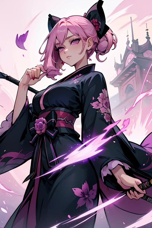 A pink haired woman with violet eyes with an hourglass figure in a conservative traditional kimono is spinning her scythe in a flurry of peony petals