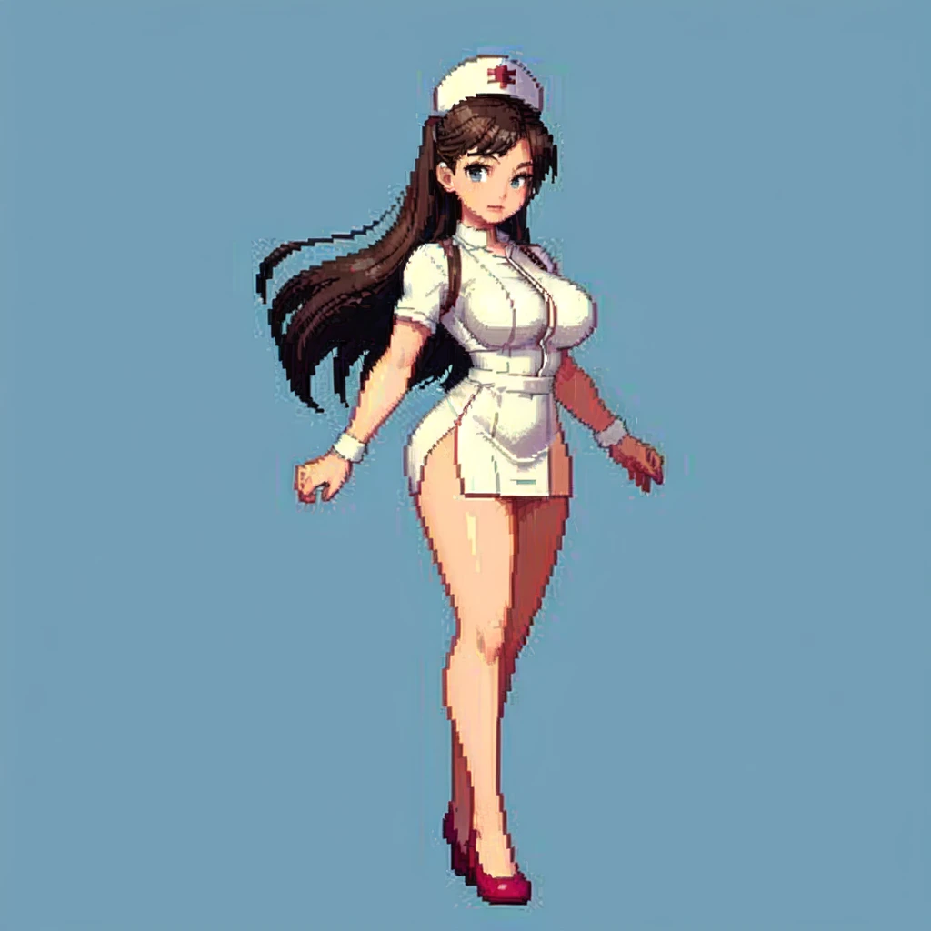 (masterpiece, top quality, best quality), pixel,pixel art,1girl,nurse costume,big bosom,cleveage,full body