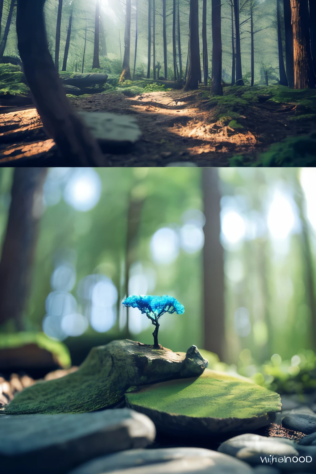 Empty background product
photography,forest style, blue sky, sunlight, soft and ethereal, detailed, miniature, wood, HD, 8K, plants and trees on rocks, montage.8K