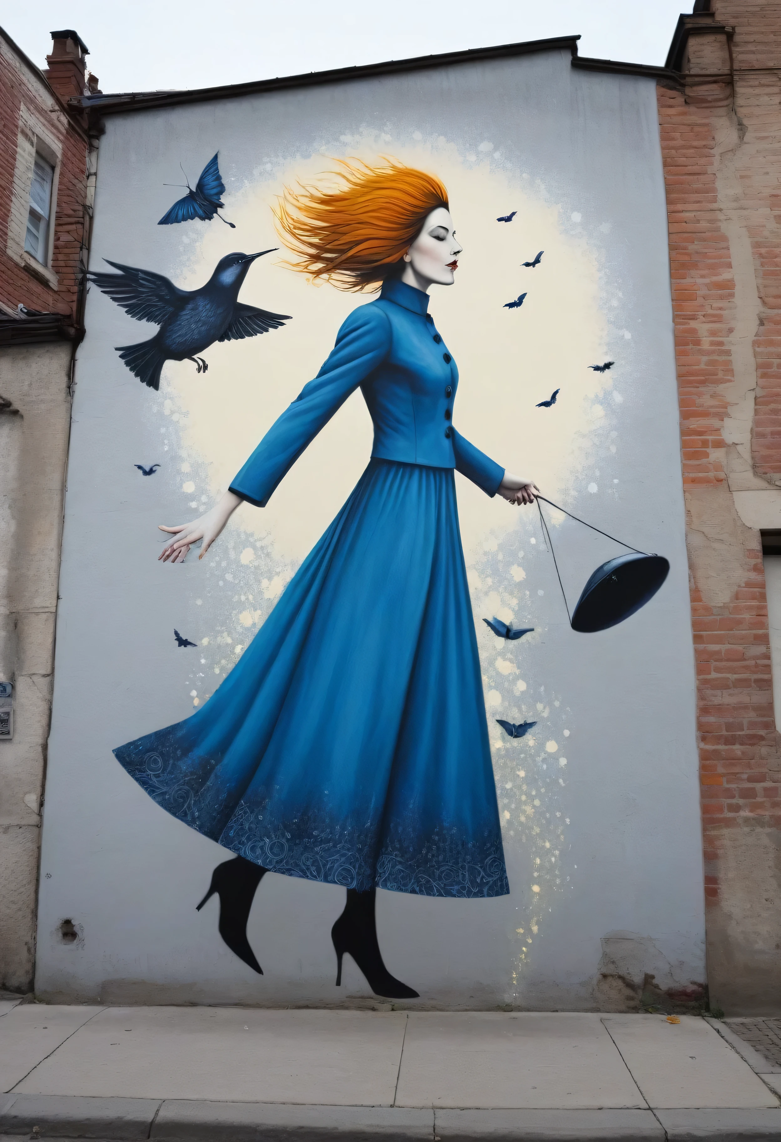 Graffiti on the wall with a stylized image of a woman and a man, other other, whimsical art, street art, Street art:2, pantomime, Street art, Lucia Peka, автор Flavius Blois, Louisa Abbema, Ilka Gedyo, based on Edward Gorey, on the wall, Judy Takacs, Alisa Rahon, Windy day