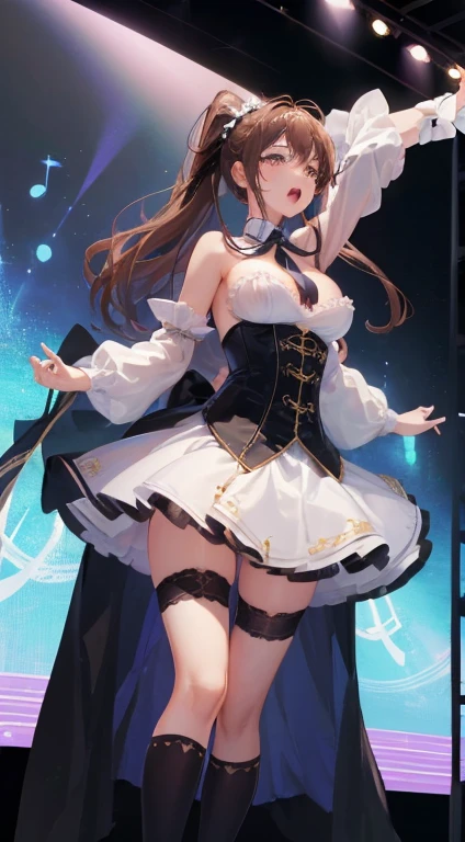 Adult women、Exact finger count、Exact number of legs、Exact number of arms、bangs, Ribbon Ponytail, Brown Hair, (blush:1), Fingering, (Pussy juice:1.2), Cum in mouth, (A woman is holding a microphone and trying to sing:1.5)、White and navy idol costume、The costume comes with a navy blue idol-style corset.., The costume has a ribbon on the collar..、The costume covers up to the shoulders, side, upper arm, and arms., That costume only has a wide opening at the chest.、Knee-high socks、White idol-style miniskirt,Ribbon at collar., ), , Knee socks、 Beautiful big breasts, (Erect nipples:1), The skirt is rolled up、highest quality, High resolution, (Fine and beautiful eyes:1.6), Highly detailed face, Perfect lighting, Extremely detailed CG, (Perfect hands, Perfect Anatomy),Embarrassed look、The expression of someone who is holding back from going to the toilet, (Sexual pleasure expression:1.4), (Watery-eyed expression:1.2)、close your eyes、Sexy appearance、Look Up、Mouth half open、climax、(Live Stage、A large audience:1.3)、whole body、((Completely naked and in full view))、((No underwear))