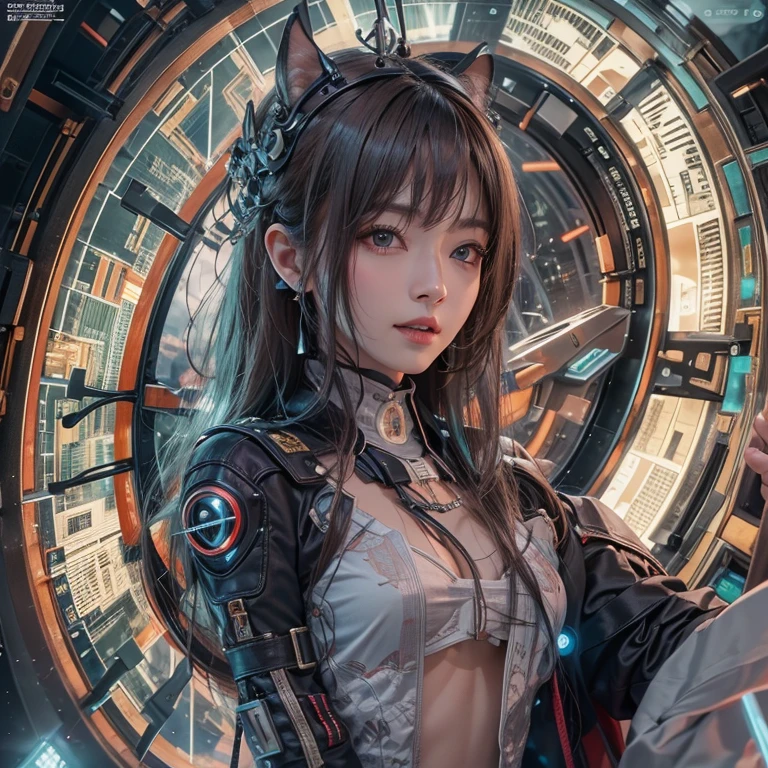 Ride in a time machine 、Hair flow、 ((highest quality、masterpiece、8k、Best image quality、Ultra-high resolution、Award-winning works)、(Accurate anatomy:1.1)、(Look at me and smile:1.1)、Shining fair skin with Ultra-high resolution、The most detailed face、Ultra-high resolution detailed face、Ultra-high resolutionの髪の毛、(Ultra-high resolutionの煌めく瞳:1.1)、Beautiful face drawn in every detail、Cyberpunk Clothing, Chest to chest, big floating clock