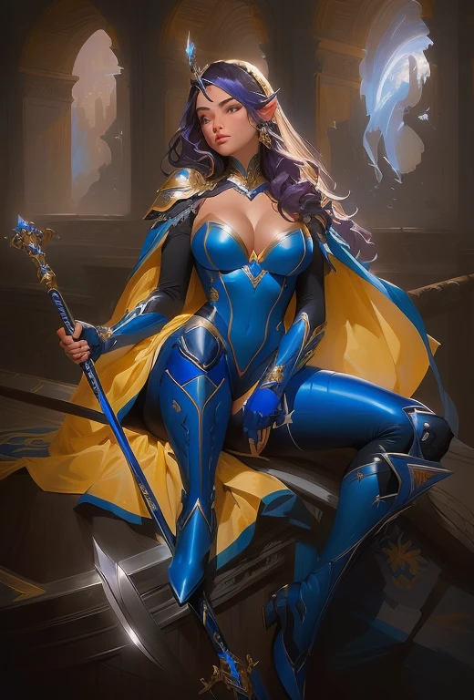 uma pintura de uma mulher com uma roupa azul e amarela segurando uma espada, artgerm julie bell beeple, sedutor elfo princesa cavaleiro, artgerm extremamente detalhado, zenoscope, garota de armadura, mulher paladina de fantasia, estilo ivan talavera e artgerm, Armadura Azul, aly caiu e artgerm