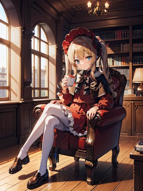 masterpiece, highest quality, Very detailed, 16k, Ultra-high resolution, Cowboy Shot, One ***************, Detailed face, Perfect Fingers, Golden Eyes, Blonde,  Original Costume, Twin tails, bonnet、Red dress、White pantyhose cup、Black shoes, Western-style building, libraryai, Sit in a luxurious chair, Drinking tea