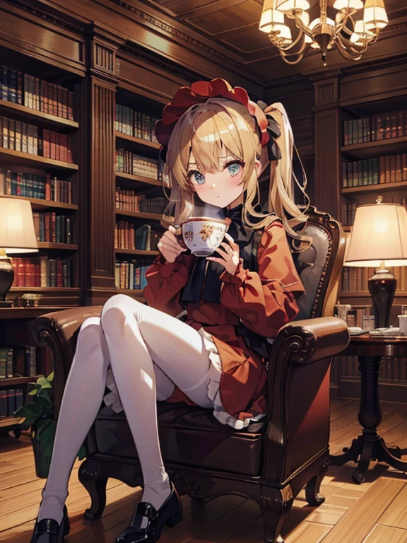 masterpiece, highest quality, Very detailed, 16k, Ultra-high resolution, Cowboy Shot, One 8--old l, Detailed face, Perfect Fingers, Golden Eyes, Blonde,  Original Costume, Twin tails, bonnet、Red dress、White pantyhose cup、Black shoes, Western-style building, libraryai, Sit in a luxurious chair, Drinking tea