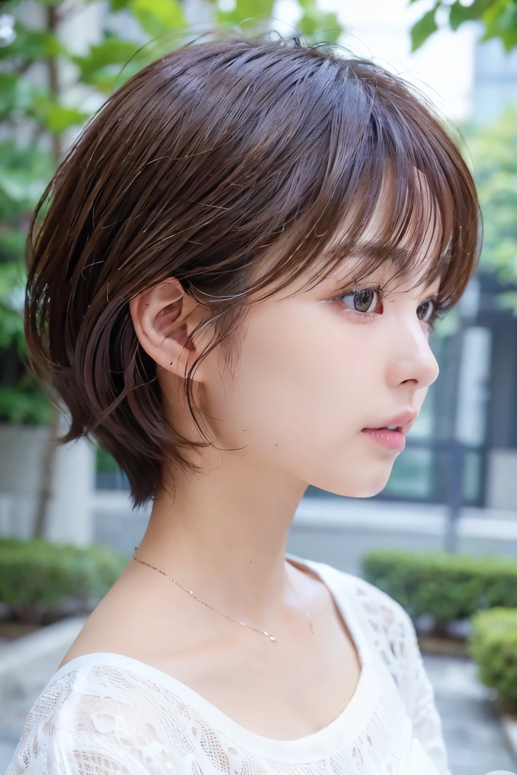 Photo seen from the side,white clothes, (8K, Photorealistic, Raw photo, Best Quality: 1.4), Japanese, (1girl in), Beautiful face, (Realistic face), (Blown hair), Beautiful hairstyle, Realistic eyes, Beautiful detailed eyes, (Realistic skin), Beautiful skin, Attractive, A high resolution, A hyper-realistic, Highly detailed, Golden ratio