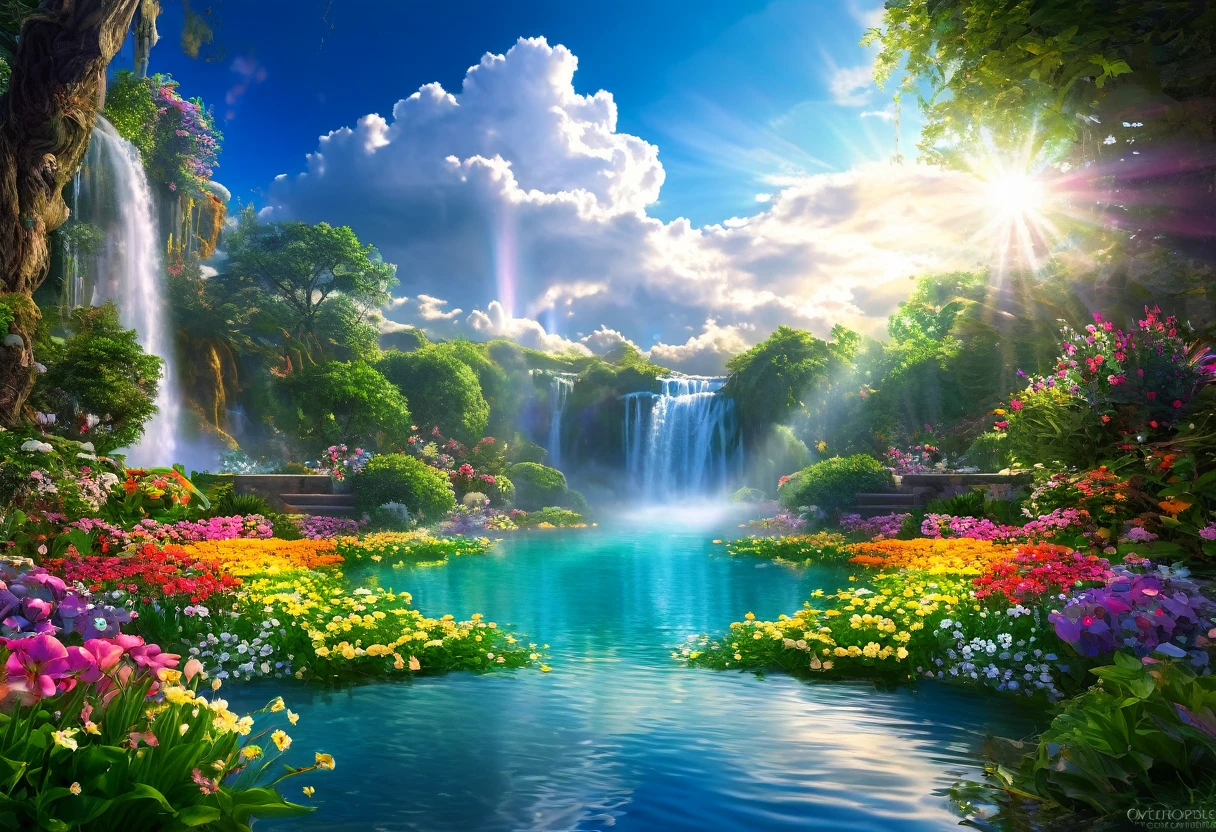 baptism,Baptism,Garden of Eden,Colorful,Dreamy landscape, cloud, light piercing through the cloud, Reflection on the surface of the water, Gentle waterfall,flower々, flower ,Quiet atmosphere, Richness in details, Surreal beauty, Magical Aura, Fantasy Landscape, High quality digital art, Vibrant colors, Fantastic lighting, Enchanting atmosphere, Artistic Expression, Otherworldly feeling, Beautiful brushwork, Magnificent View, Peaceful tranquility, Immersive Experience, Breathtaking views, Picturesque views, Mysterious charm, Mysterious atmosphere, Nuances, A magical dream. There are no people, Nobody is here