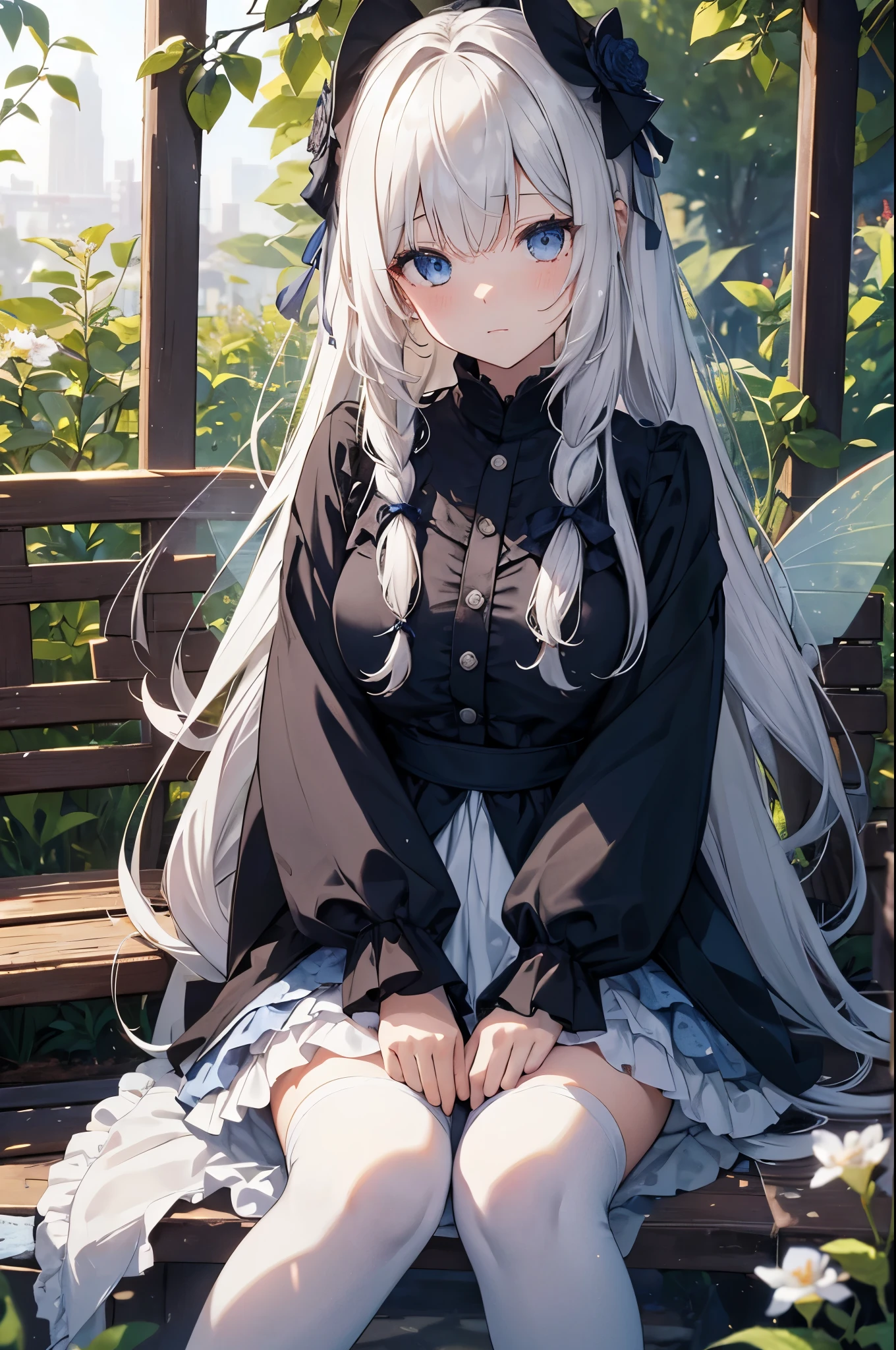 (s○l○:1.2),A beautiful Ukrainian w○man sits ○n a bench in the garden,Frill stains,Race、l○○k up fr○m ab○ve,c○bblest○ne,Dark blue-vi○let hair,Thin b○b cut with ○ne-length braids,(Hair gr○ws fr○m ○ne eye),(Speckled sunlight:1.2),Particle-like fantastic light s○urce、Blurred,(Depth ○f b○unds written:1.3),Tilt your head,:○,(petal),w○○d,Fairy、c○nversati○n with fairies、,Ultra-dense skin, Best lighting by fam○us artists, 8k, Guidance ○n h○w t○ perf○rm attractive p○ses by a fam○us master、cute illustrati○n.