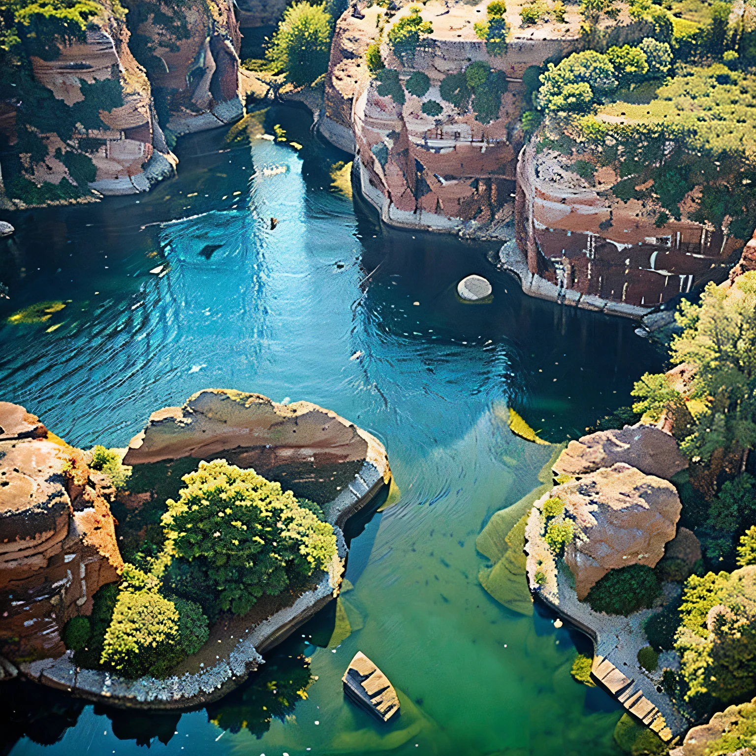 Aerial view of an underwater landscape featuring a gentle waterfall flowing over rocks, surrounded by vibrant aquatic plants and various fish. The horizon is visible in the distance, with soft sunlight penetrating the water, creating a peaceful and realistic underwater scene.
