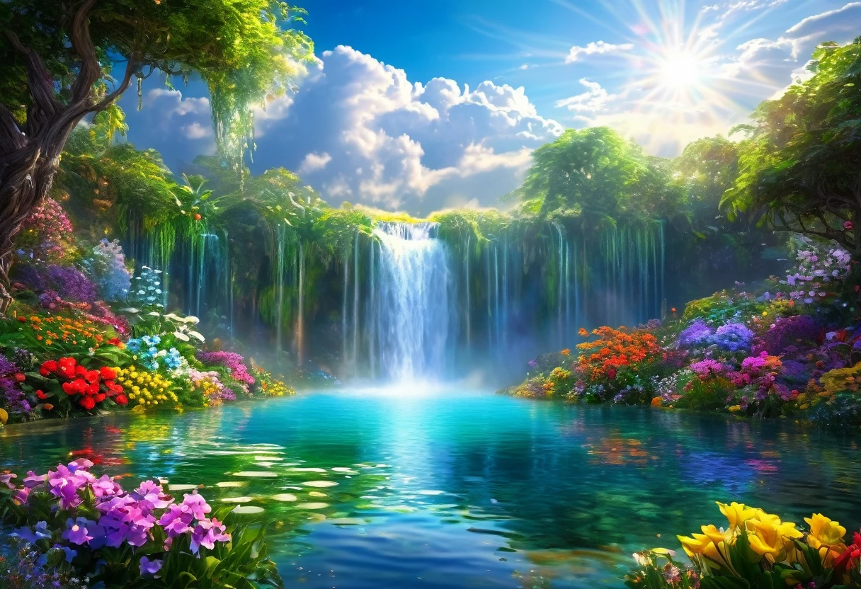 baptism,Baptism,Garden of Eden,Colorful,Dreamy landscape, cloud, light piercing through the cloud, Reflection on the surface of the water, Gentle waterfall,flower々, flower ,Quiet atmosphere, Richness in details, Surreal beauty, Magical Aura, Fantasy Landscape, High quality digital art, Vibrant colors, Fantastic lighting, Enchanting atmosphere, Artistic Expression, Otherworldly feeling, Beautiful brushwork, Magnificent View, Peaceful tranquility, Immersive Experience, Breathtaking views, Picturesque views, Mysterious charm, Mysterious atmosphere, Nuances, A magical dream. There are no people, Nobody is here