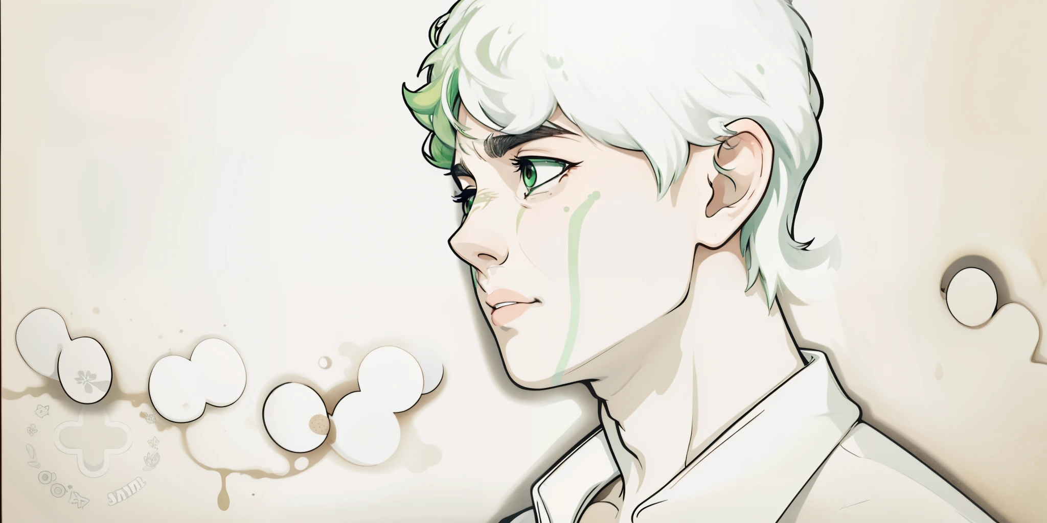 hay un joven de cabello color verde ojos verdes cabello liso y lasio sorprendido asustado