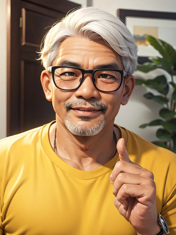 An Indonesian man. 170 cm height, 65 kg weight.  He is 47 years old. Some white hair. Realistic 3D caricature. Handsome. Wearing  blue frame glasses. Yellow Tshirt. 