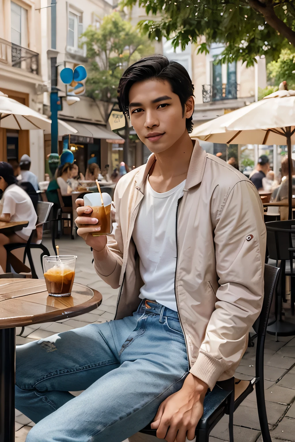 1 man, sitting outside a cafe, holding a cup of coffee, brown hair, casual style, blue eyes, skin coolmen, smiling, good picture, HD picture, HD graphics, masterpiece, flashy clothes, lots of decorative lights, picture realistic, HD resolution, HD quality, Highlights, cool men, detailled view,