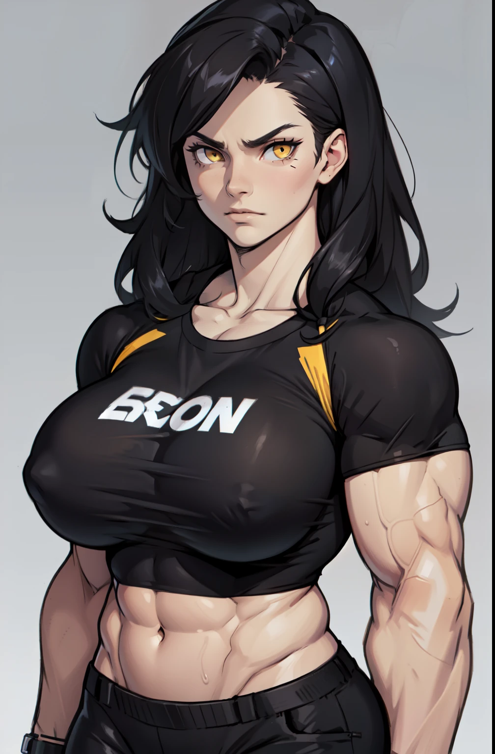 ((1 girl)), extremely long hair, solo, ((muscular)), veins, black hair, yellow eyes, pale skin, strong, veins, abs, ((huge breasts)), sulking tight shirt